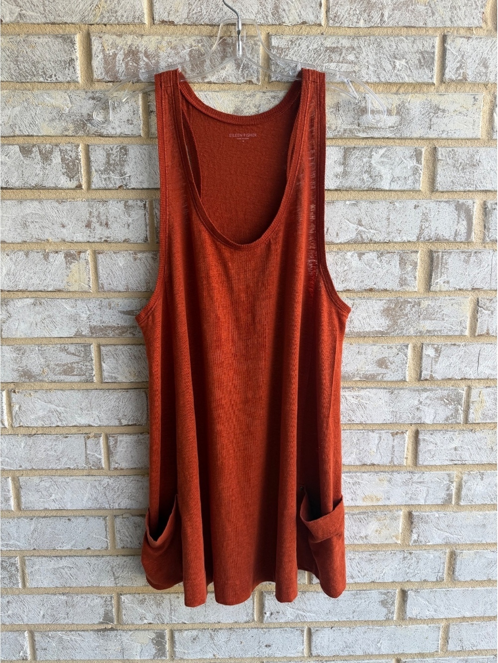 Eileen Fisher Sleeveless Scoop Neck 100% Linen Rust Orange Tunic Tank Top Size M